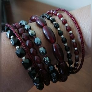 All in 1 Stack Bracelet Set, Burgundy, Black, Grey